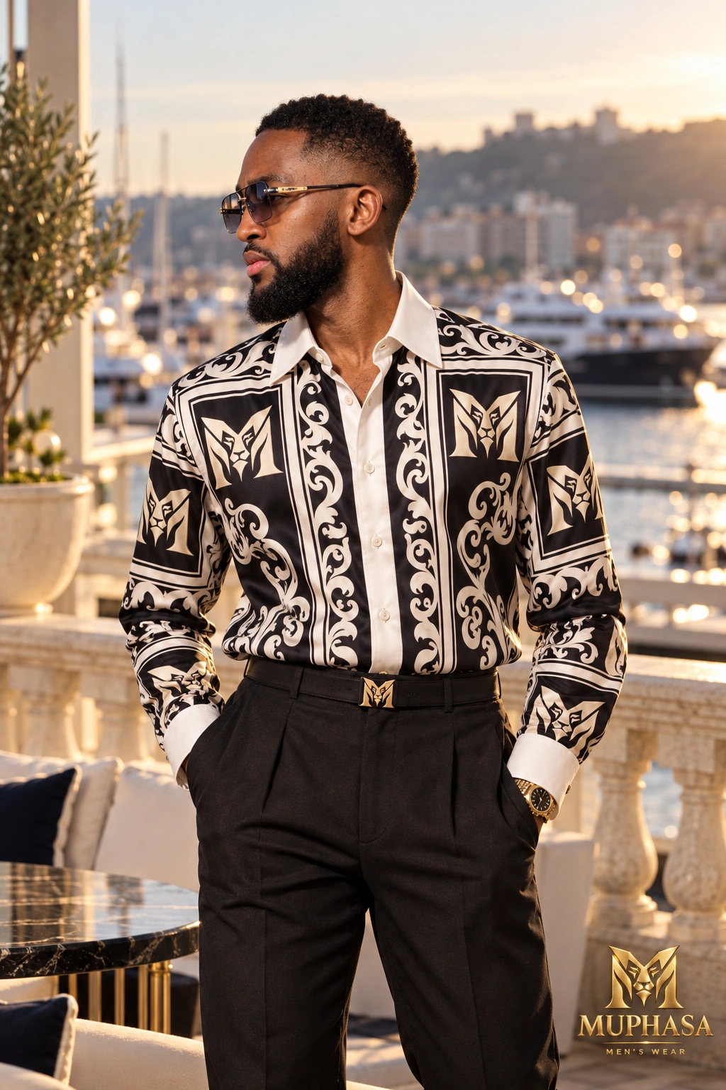 Merveil in the Lion–M Signature Shirt on a harbor terrace