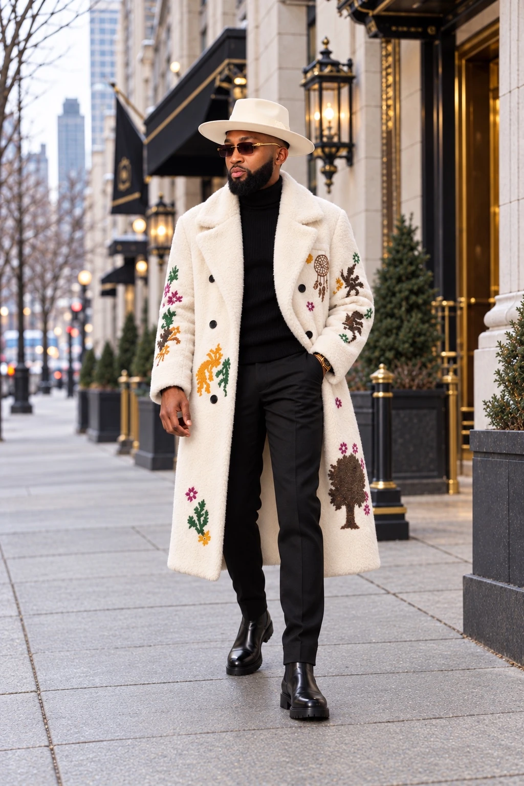 Merveil wearing the embroidered Ivory Statement coat on a winter city street