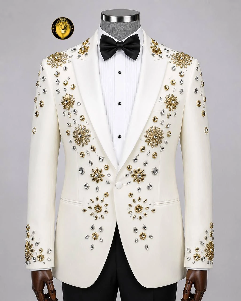 Ivory evening jacket featuring gold and crystal embellishment